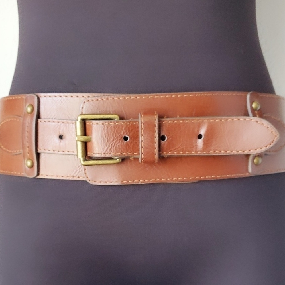 Brown Faux Leather Brass Buckle Wide Stretch Belt